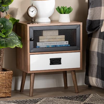 Baxton Studio Hubbard Mid-Century Modern Two-Tone Natural Brown and White Finished Wood and Black Metal 1-Drawer End Table
