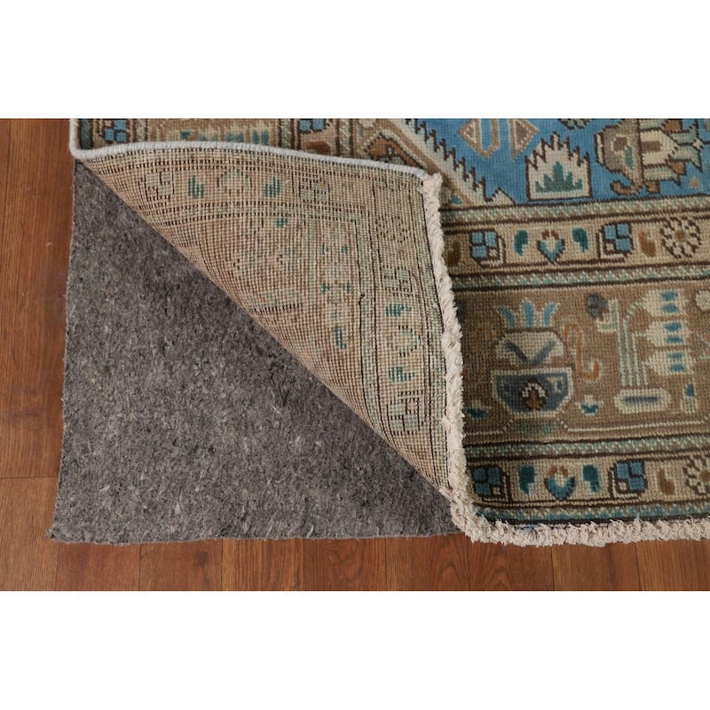 Blue Geometric Tabriz Vintage Persian Rug Hand-Knotted Wool Carpet - 6'5" x 9'4"