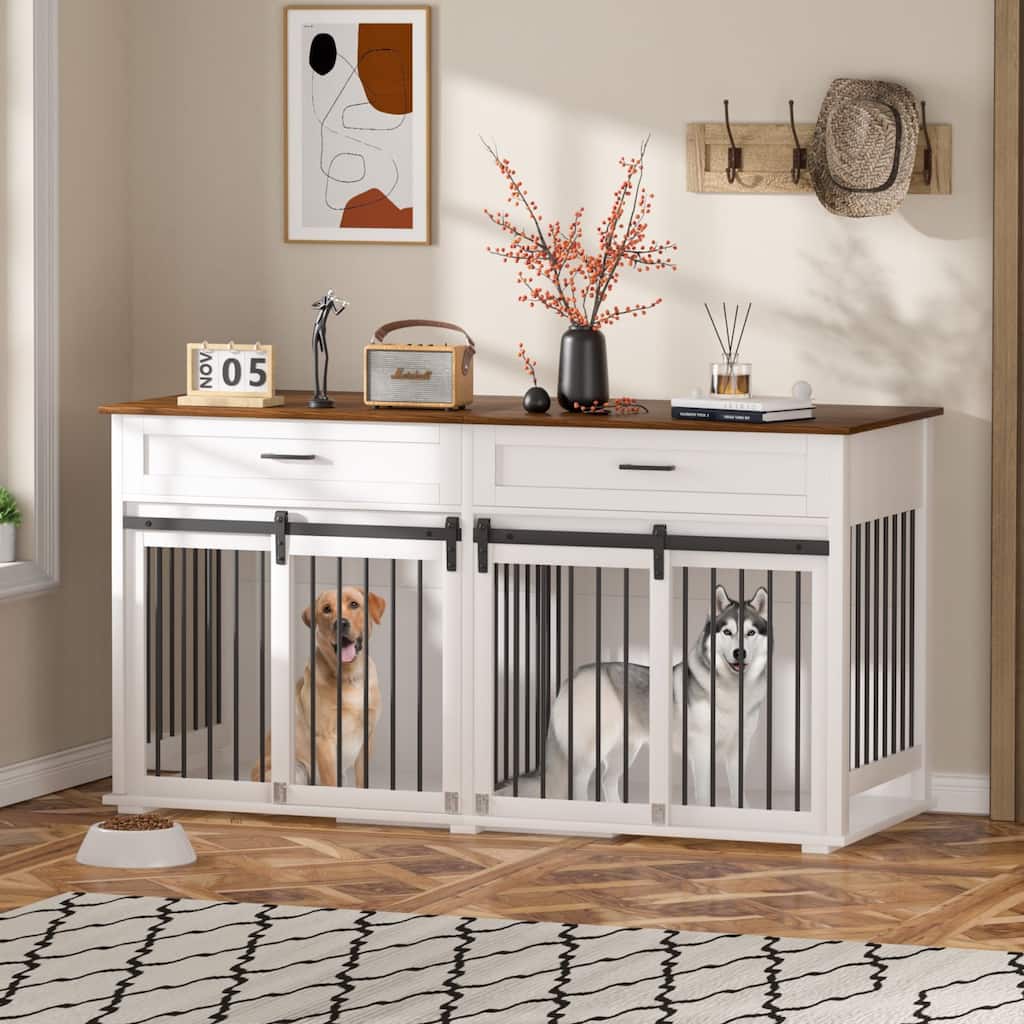 VEIKOUS Wooden Dog Cage Table for 2 Dogs, Large Dog Crate with Drawers & Safety Locks - 5'×2'