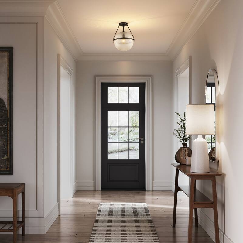 1-Light 14.17" Black/Gold Modern Textured Grid Glass Globe Semi-Flush Mount Light