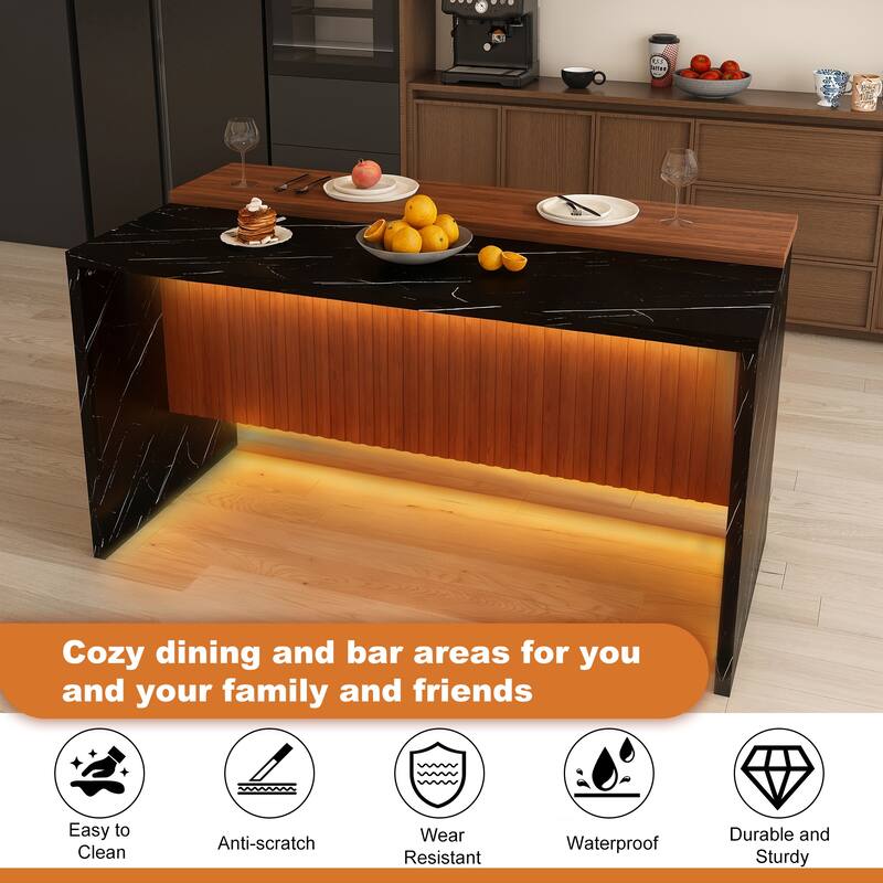 63" Modern Kitchen Island with Marble-Look Surface, LED Lights & Grille Design for Dining Room, Living Room