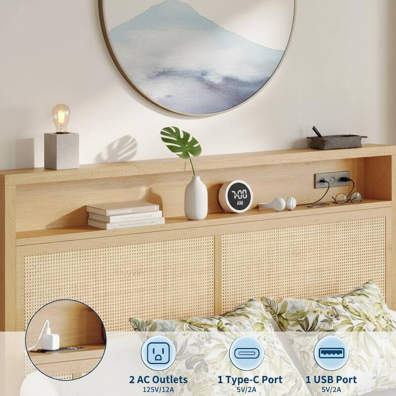 Rattan Bed Frame, with LED Lights & Charging Station