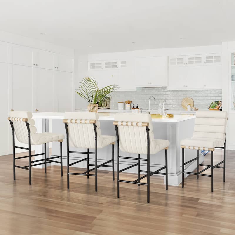 Set of 4 26.in Modern Upholstered Counter Height Bar Stool with Ribbed Backrest and Solid Wood & Metal Frame - Beige/Fabric