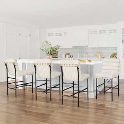 Set of 4 26.in Modern Upholstered Counter Height Bar Stool with Ribbed Backrest and Solid Wood & Metal Frame