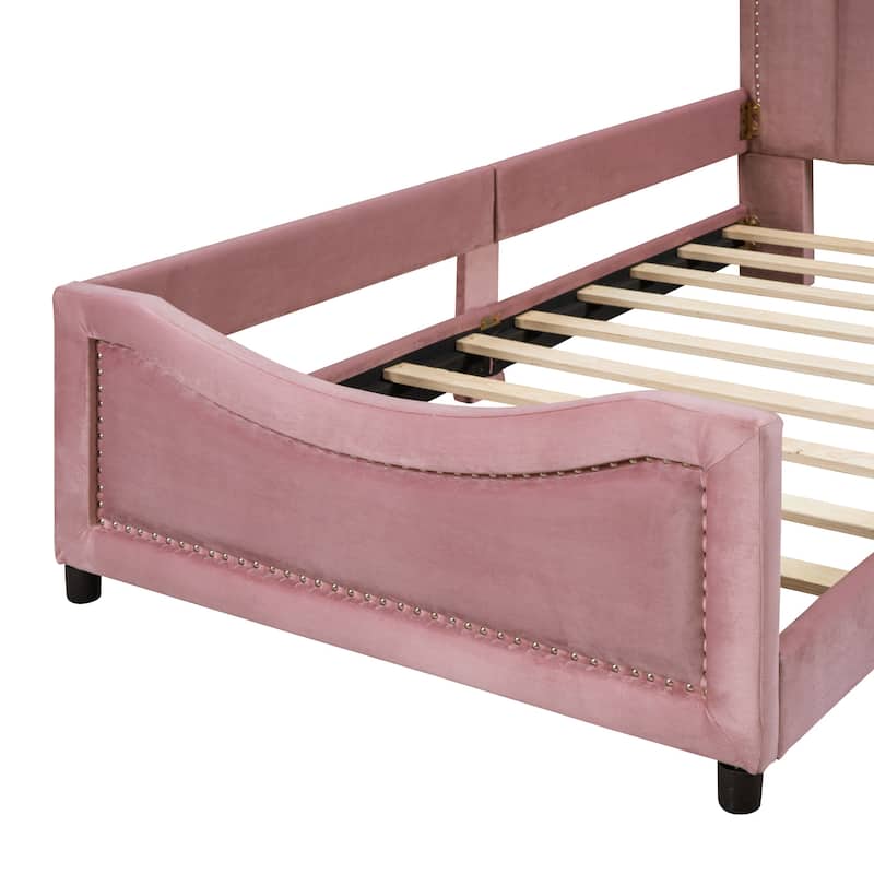 Twin Velvet Low Bed with Guardrail & Nailhead Headboard