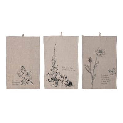 Linen Blend Decorative Tea Towel with Nature and Text Prints - 28.0"L x 18.0"W x 0.1"H