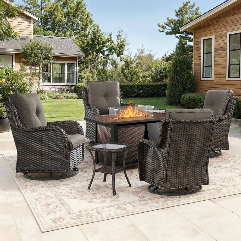 Gymojoy 7-Piece Outdoor Wicker Set with 4 Swivel Rockers & 55,000 BTU Fire Pit Table for Patio