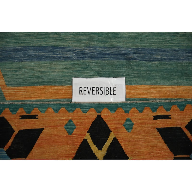 Hand Woven Oriental 100% Wool Carpet Southwestern Tribal Green Kilim Area Rug - 14' 10'' X 6' 9''