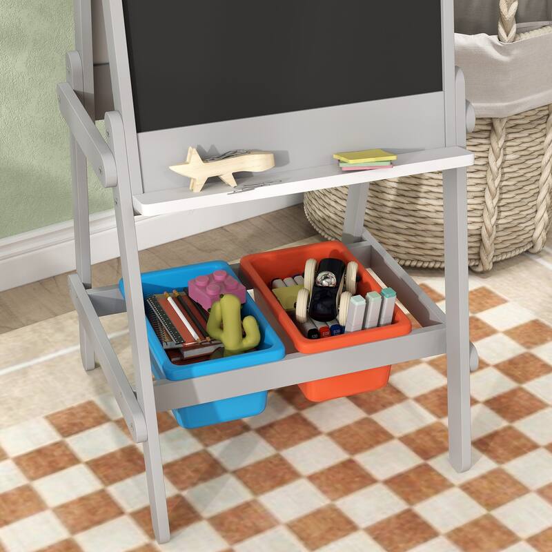 Grey Kids Easel 3-in-1 Art Station with Storage Boxes Paper Roll and Pen Holder for Ages 3-8 - 20.1" W x 19.7" D x 42.5" H