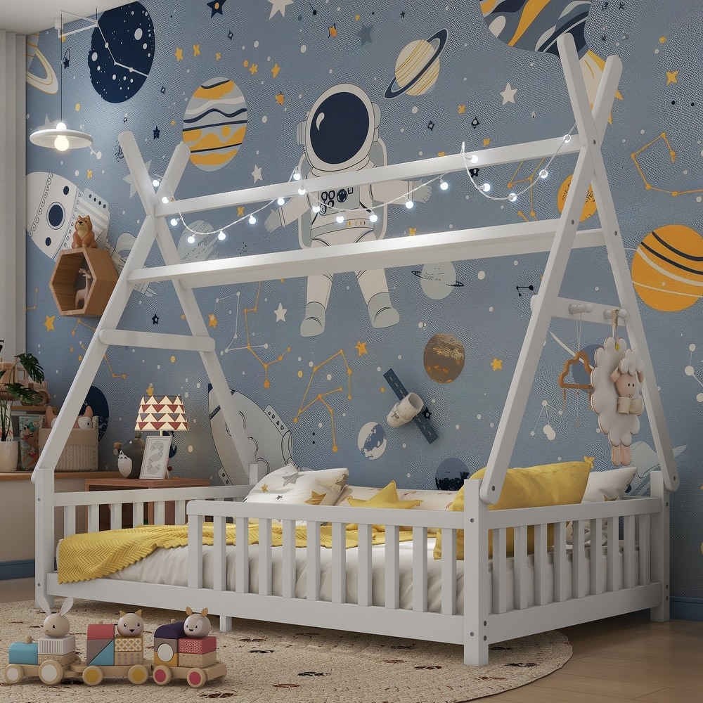 House Bed with Light, Low Toddler Floor Bed House-shaped Roof Frame with Fence and Roof for Kids Boys Girls