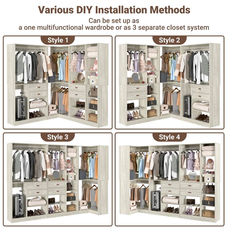 Rackcog 71'' - 110'' Set of 3 Freestanding Corner Closet Organizer, Reversible Wardrobe with Hanging Rods
