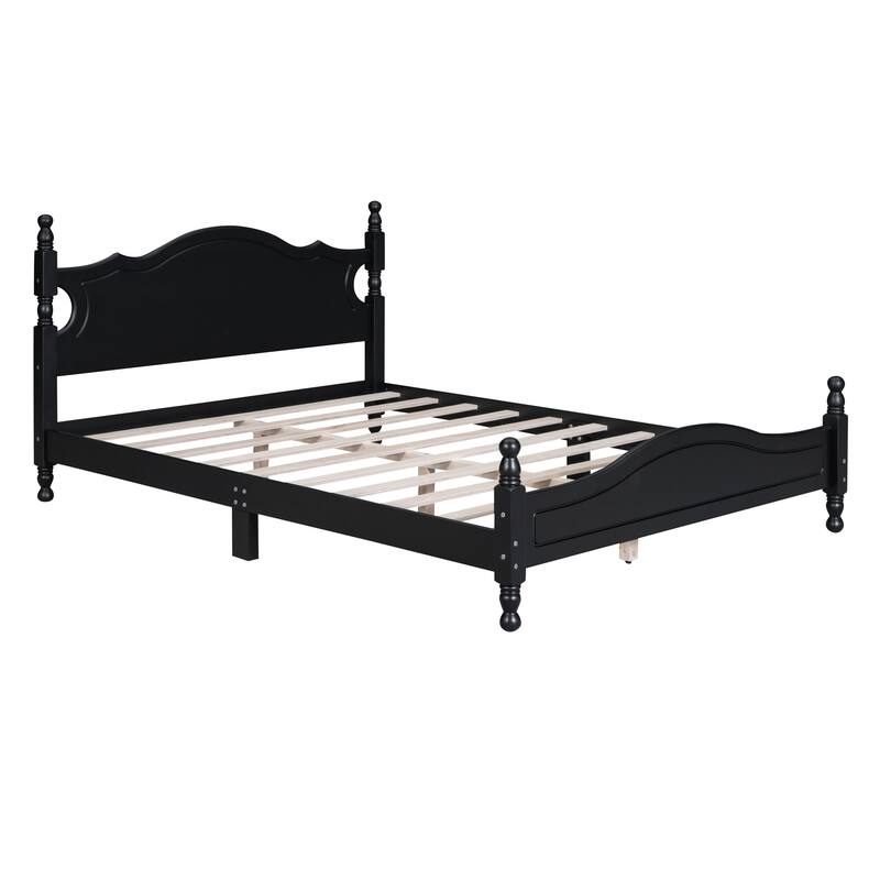 Queen Size Retro Wood Platform Bed Frame with Wooden Slat Support, Black