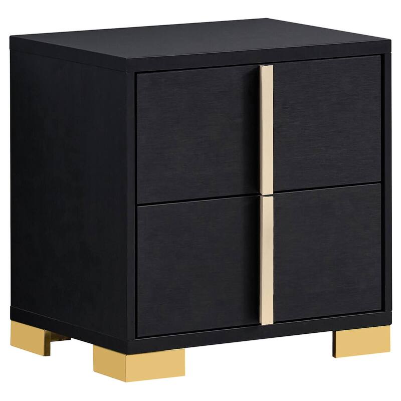 Modern Black 2-Drawer Nightstand with Gold Metal Accents, Geometric Art Deco Design, Smooth Glide Drawers