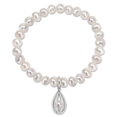 Miadora Cultured Freshwater Pearl Charm Bracelet Sterling Silver