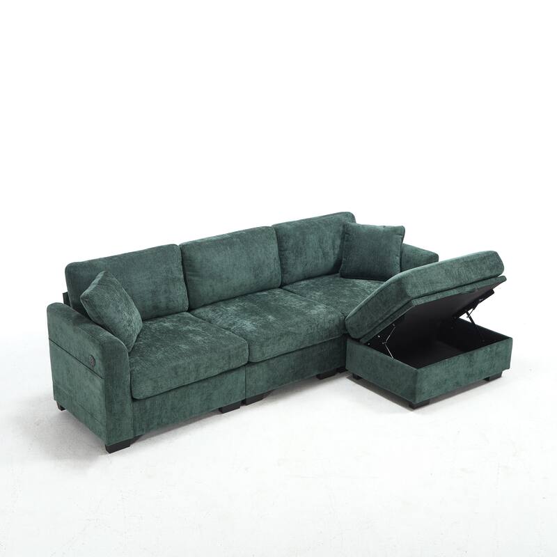 L-Shaped Modular Sectional Sofa with Storage Ottoman, 97" Chenille Corner Couch with USB Ports, Side Pockets