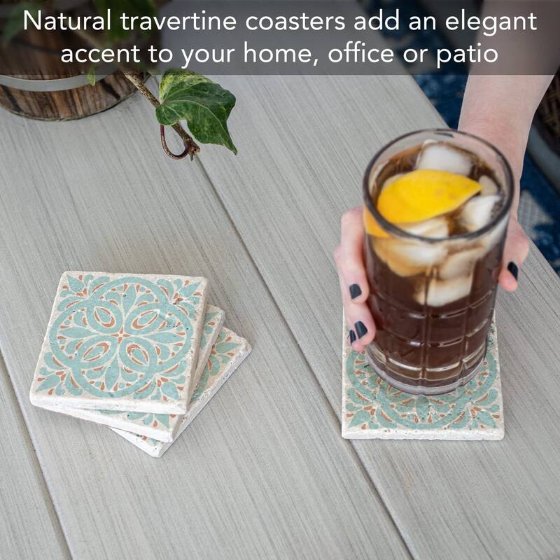 Aegean Tile 4 Pack Natural Travertine Absorbent Stone Coasters with