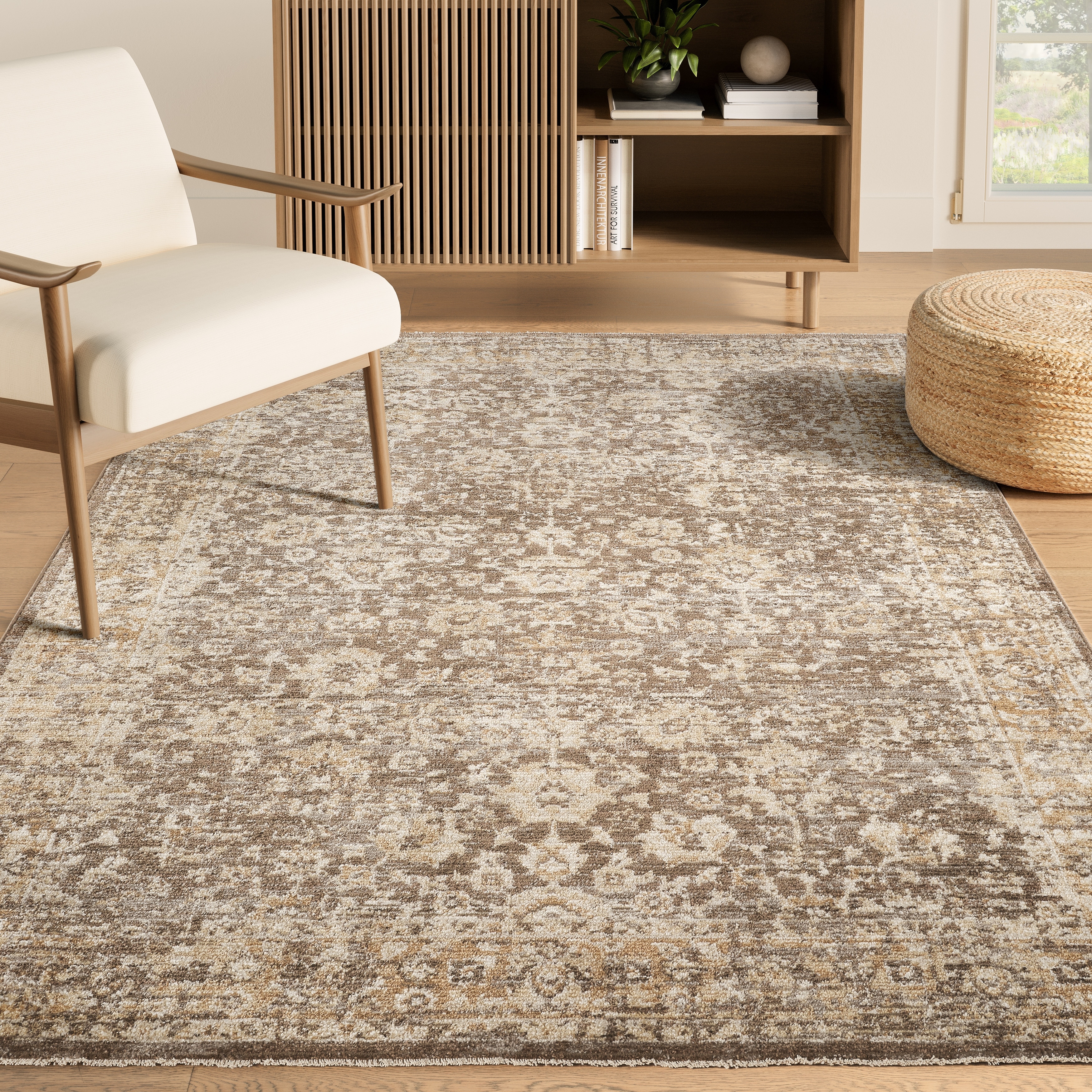 Abani Rugs EVE100A Evelyn Distressed Floral Beige Taupe Area Rug