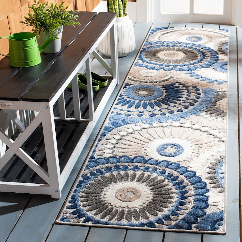 SAFAVIEH Cabana Marii Indoor/ Outdoor Waterproof Patio Floral Rug - 2'2" x 7' Runner - Grey/Blue