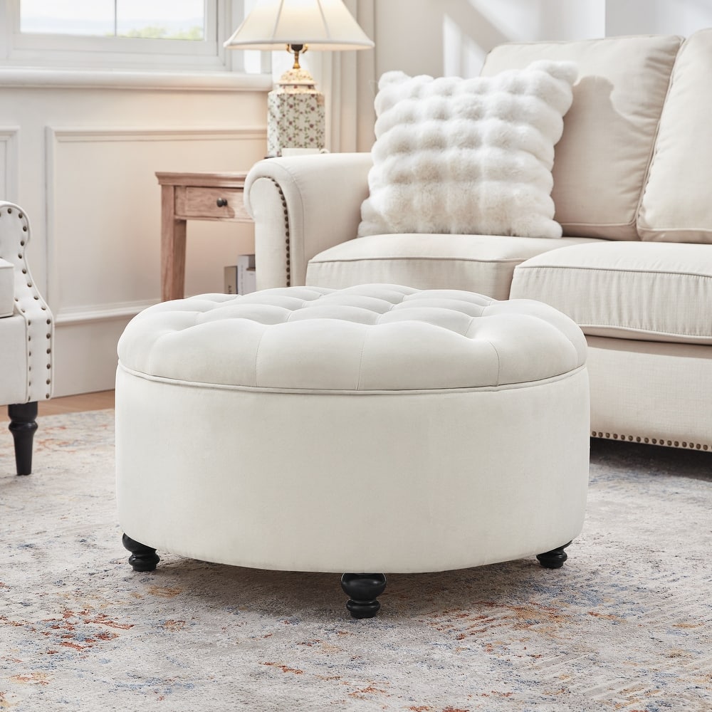 Tufted Large Round Storage Ottoman Footrest Beige/ Grey/ Blue