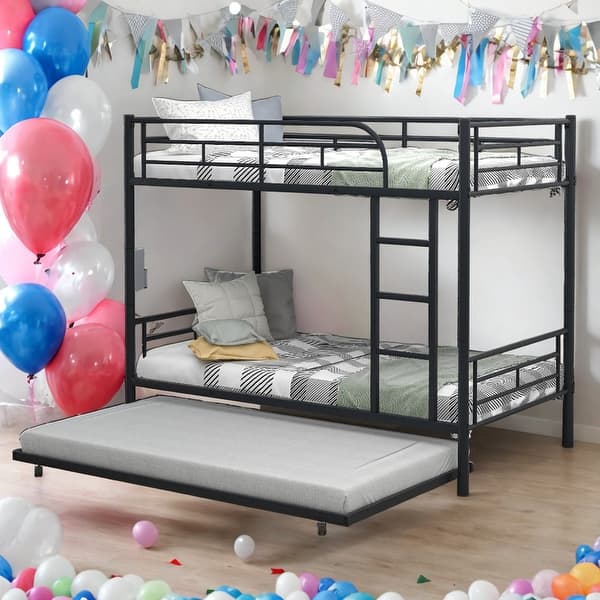slide 2 of 53, Modren Twin Over Twin Metal Bunk Bed With Trundle,Can be Divided Into 2 Beds for Bedroom