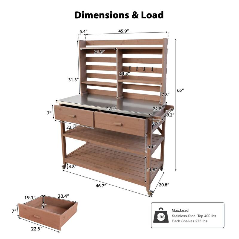 64.9"H Outdoor Potting Table with Lockable Wheels,Solid Wood Kitchen Island with Upper Hutch,Stainless Steel Top,Towel Rack