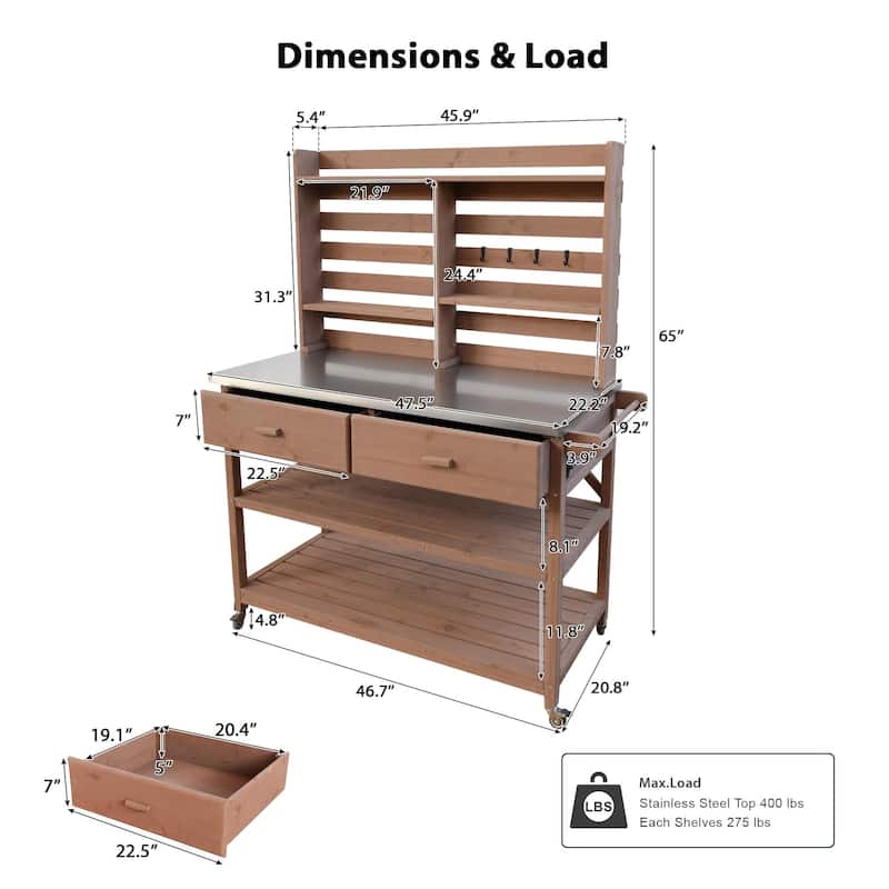 Outdoor Potting Bench Table with Lockable Wheels Solid Wood Kitchen Island and Stainless Steel Top