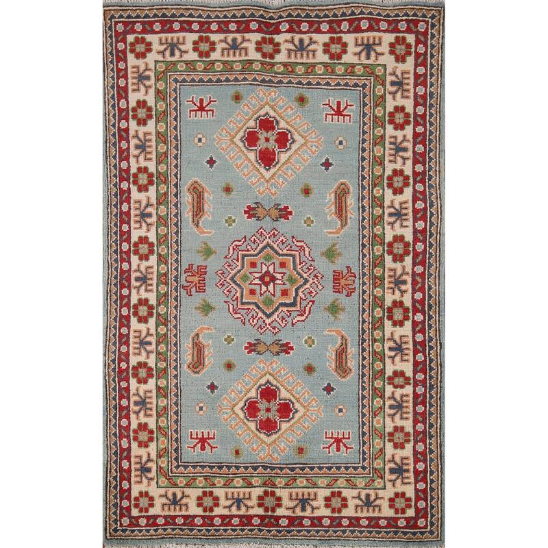 Light Blue Geometric Kazak Accent Rug Hand-Knotted Foyer Wool Carpet - 2'8" x 4'3"