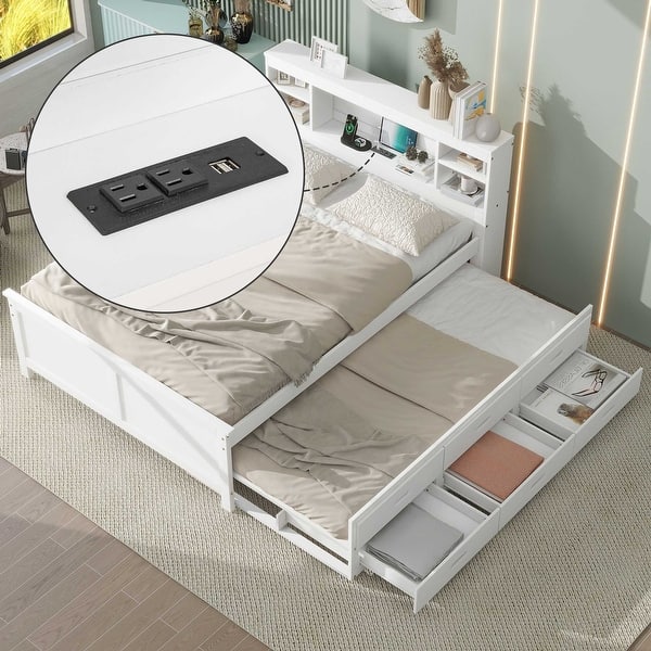 slide 2 of 16, Full Size Platform Bed with Multi-functional Headboard, USB Ports, Twin Trundle, and 3 Storage Drawers White