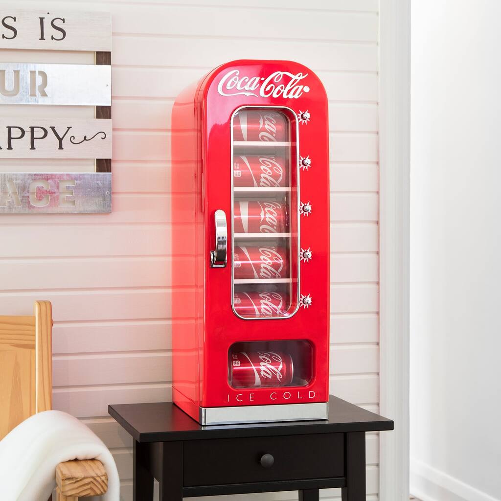 Coca-Cola Vending Machine Mini Fridge 12V DC 110V AC, 10 Can Cooler w/ Push-Button Vending Action