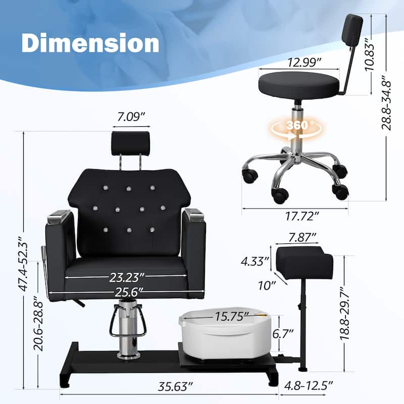 Pedicure Chair with Foot Spa Stool with Adjustable Pedicure Stand