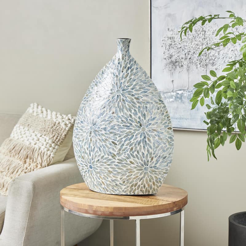 Mother of Pearl Shell Floral Handmade Large Mosaic Decorative Vase with Cream Underlay - Blue - Roche River Decor