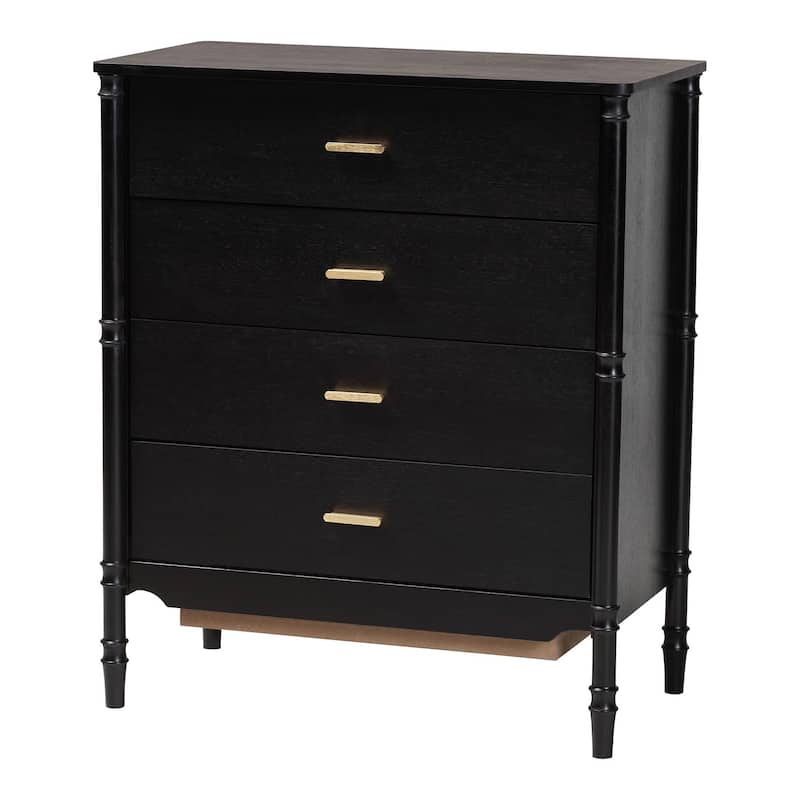 Marisela Black Wood Chest of Drawers with Gold Handles - 4-Drawer Dresser with Bamboo-Inspired Legs, Modern Transitional Accent - Black