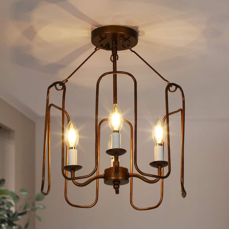 Mid-century Modern French Country 4-light Drum Ceiling Lights Wheel Semi-flush Mount Lights - D 13.8" x H 16.9"