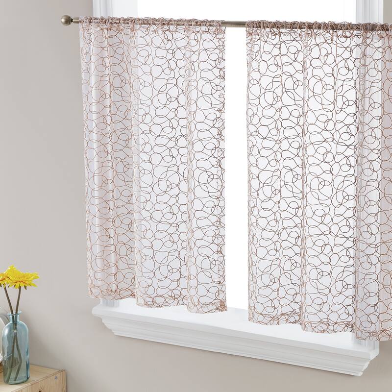 HLC.me Audrey Embroidered Sheer Voile Window Curtain Short Rod Pocket Tiers Valance Kitchen, Small Windows and Bathroom - 30 W x 24 L per panel - Set of 2 - Taupe