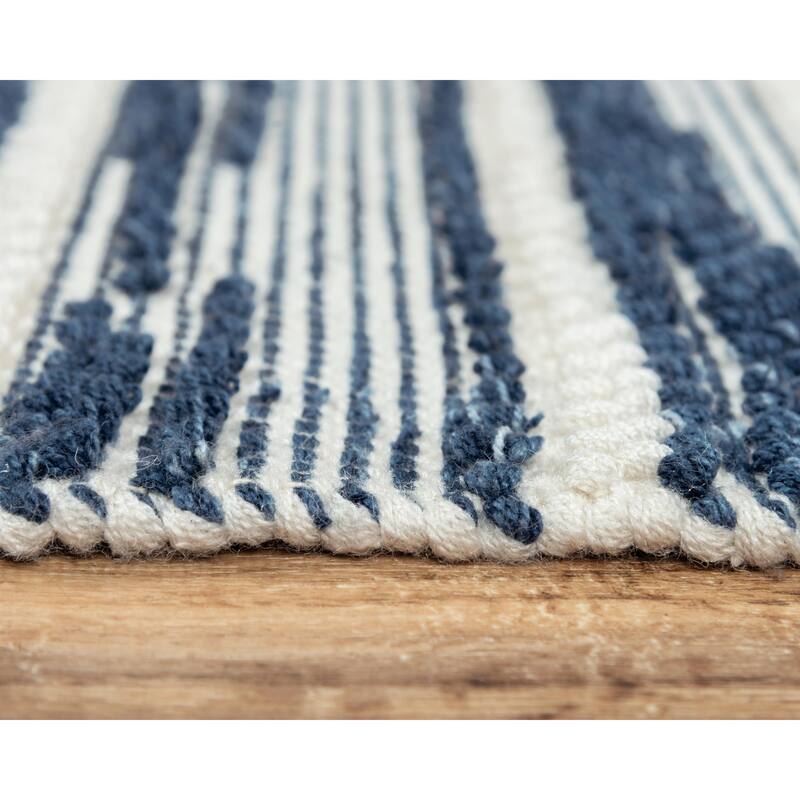 Alora Decor Sun Ivory and Blue Striped Hand-woven Wool Blend Rug