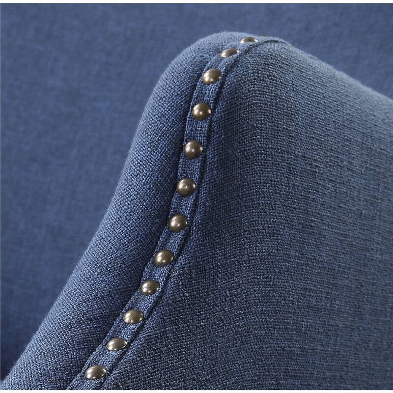 37" Yareena Denim Blue Wing Chair Tapered Oak Legs Bronz Nailhead Trim
