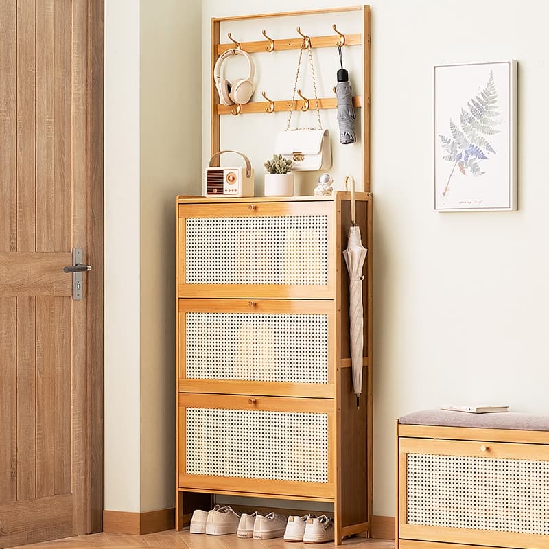 Rattan Shoe Storage Cabinet, 3-Drawer Bamboo Organizer with Coat Hooks, Freestanding for Entryway