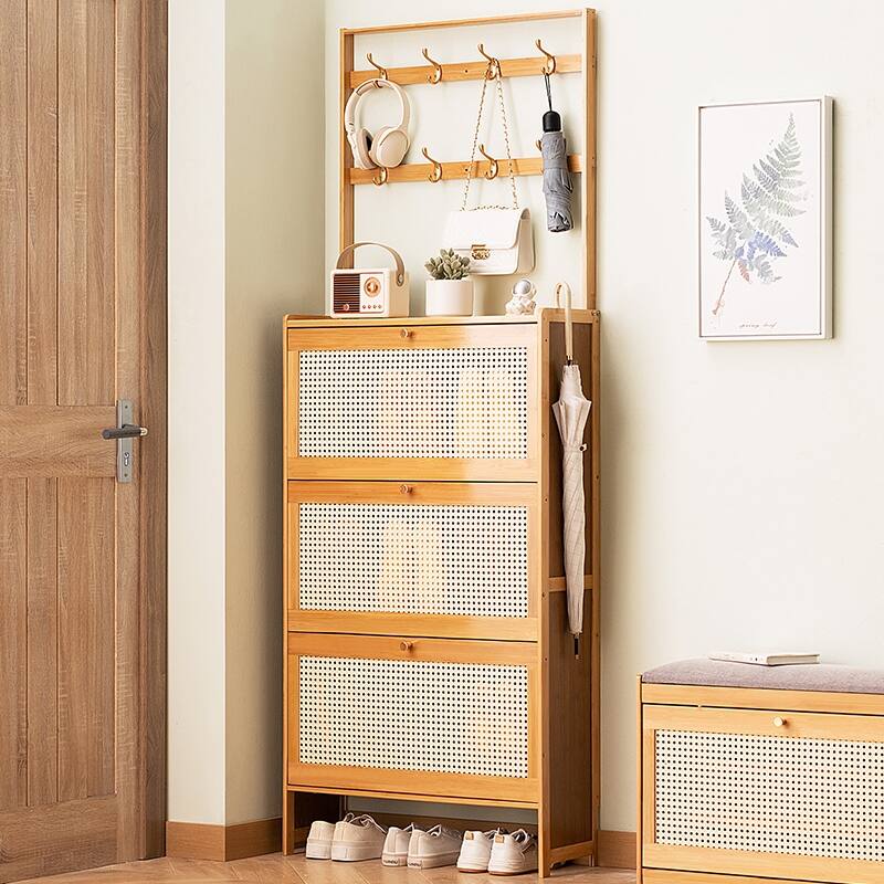 Shoe Cabinet with 3 Rattan Flip Drawers, Bamboo Shoe Storage Cabinet with Coat Hooks, Freestanding Shoe Cabinet Storage - Natural
