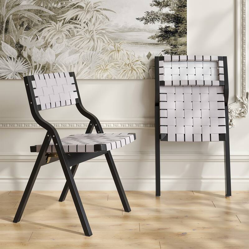 Wood Folding Chairs Set of 2, Wooden Indoor Stackable Dining Chairs for Kitchen & Dining Room Chair Woven Seat