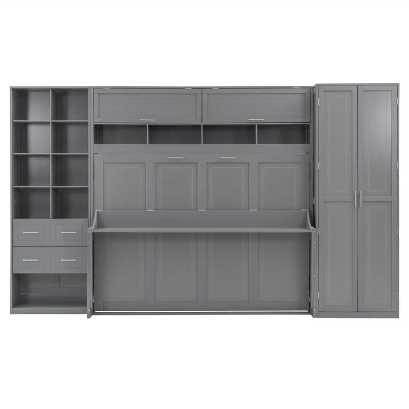 Full/Queen Size Murphy Wall Bed with Closet and 2 Storage Drawers, Space Saving Foldable Murphy Cabinet Bed with Storage Shelves