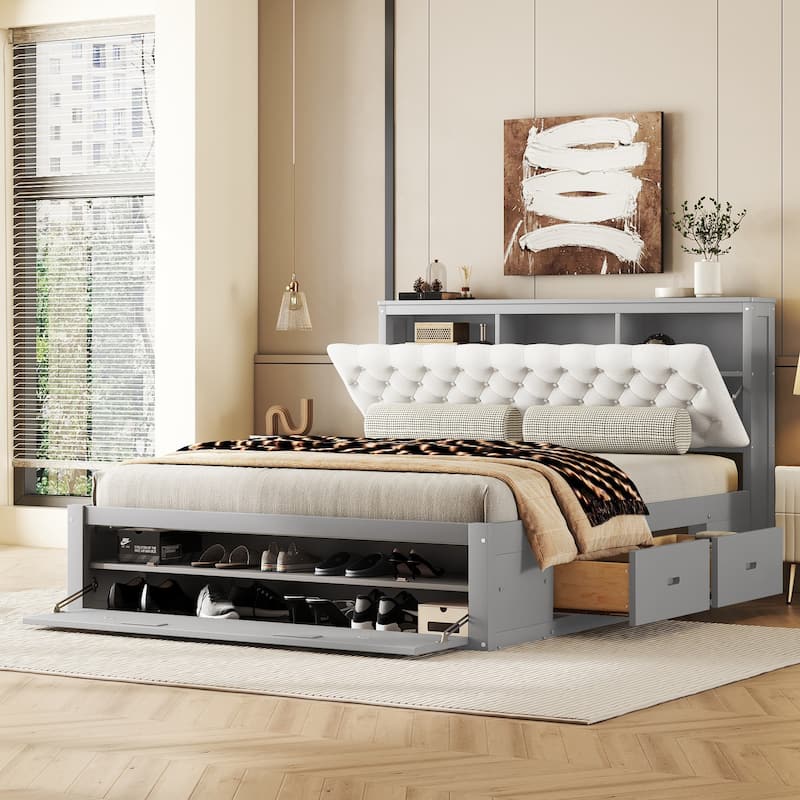 Gray Queen Size Storage Platform Bed with Headboard, 4 Drawers & Shoe Rack
