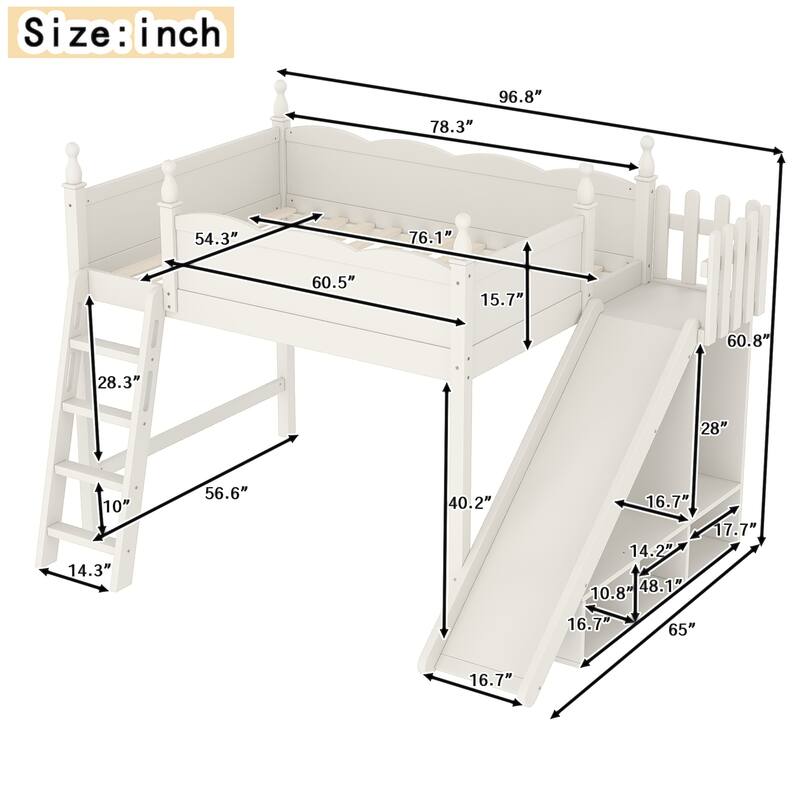 Full Loft Bed with Storage Shelves and Wardrobe, Solid Wood Loft Beds with Detachable Slide and Ladders, No Spring Box Needed