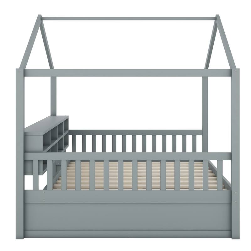 Full Wooden House Bed with Shelves and Mini-Cabinet - White/Gray