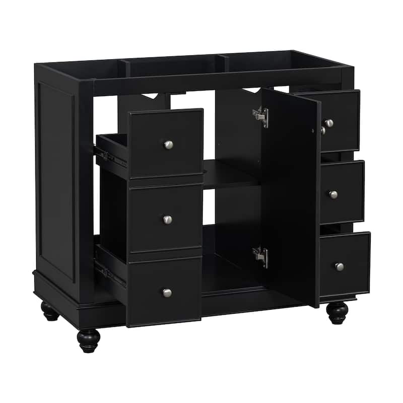 Roomfitters 36" Bathroom Vanity Cabinet Only, Storage Cabinet with 6 Drawers and Center Door, Sink Not Included, Black