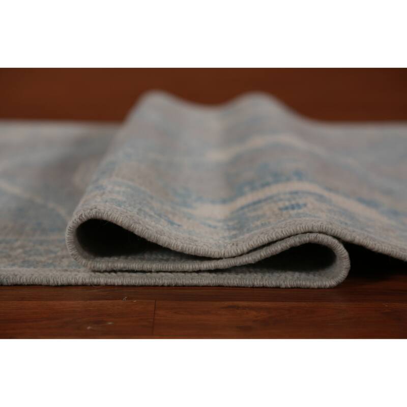 Hand Knotted Oriental 100% Wool Carpet Transitional Geometric Greys & Charcoal Oushak Runner Rug - 13' 10'' X 3' 1''