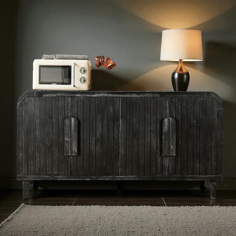 59'' Farmhouse Curved Vintage Sideboard Buffet Cabinet with Vertical Wood Grain Doors and Adjustable Shelves for Dining Room