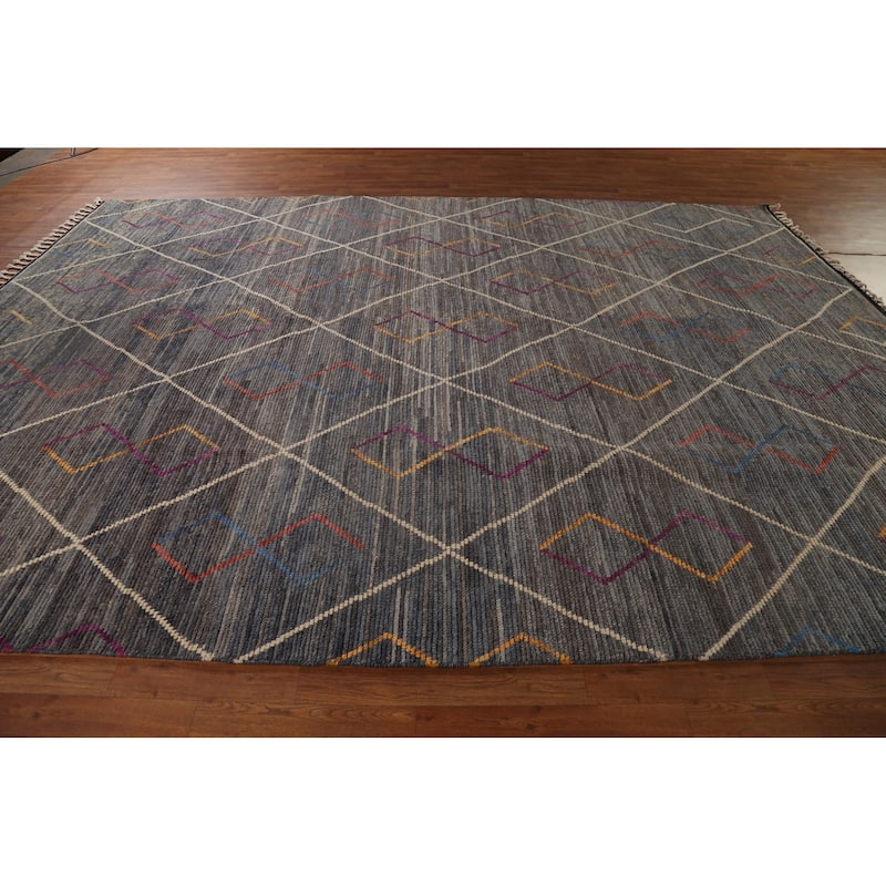 Gray & Blue Trellis Moroccan Area Rug Hand-Knotted Wool Carpet - 8'10"x 12'7"