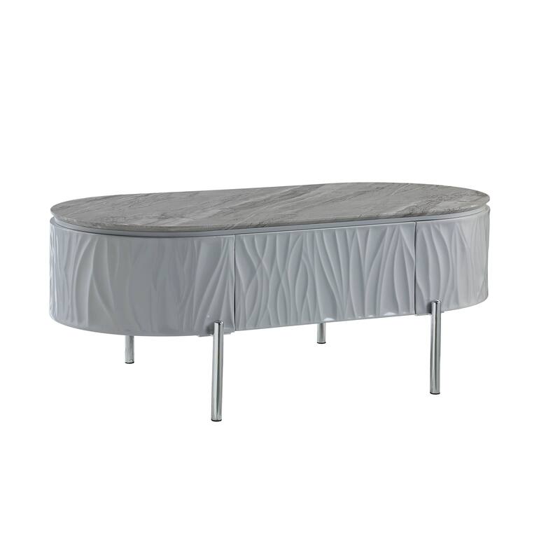 HomeRoots 47" Gray Wood and Steel Oval Coffee Table With Drawer - 47.00 in. x 18.00 in. x 24.00 in.
