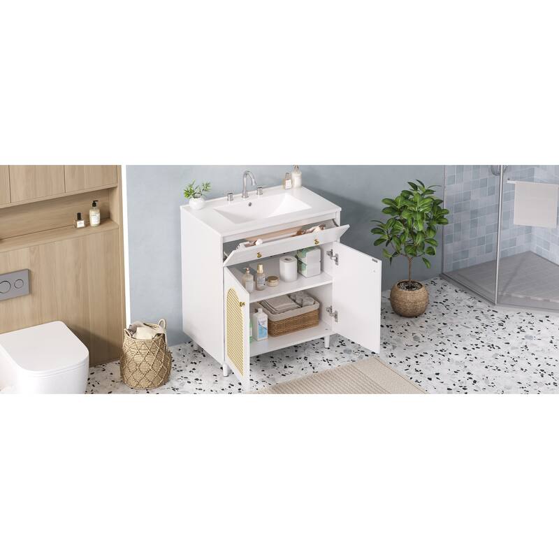 30" Bathroom Vanity with Ceramic Sink, Solid Wood Frame Bathroom Sink Cabinet with Adjustable Shelf, Tip-Drawer