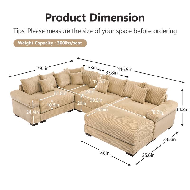 GDFStudio - Corduroy 5-Seater 116.9" Cloud Modular Sectional Couch with Ottoman